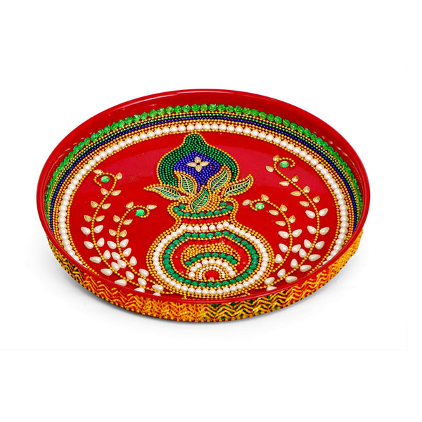 Beautiful Handmade Festival Collection Pooja Plate 10" Decorative Pooja Thali with Kundan Work