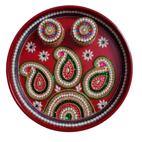 Beautiful Handmade Festival Collection Pooja Plate 11" Decorative Haldi Thali with Kundan Work