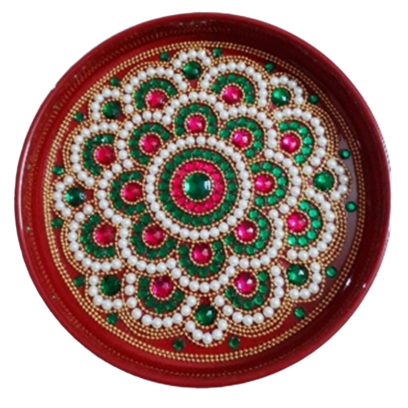 Beautiful Pooja Plate 10" Multipurpose Decorative Thali with Kundan Work Handmade Festival Collection
