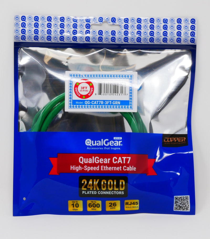 QualGear QG-CAT7R-3FT-GRN CAT 7 S/FTP Ethernet Cable Length 3 feet - 26 AWG, 10 Gbps, Gold Plated Contacts, RJ45, 99.99% OFC Copper, Color Green