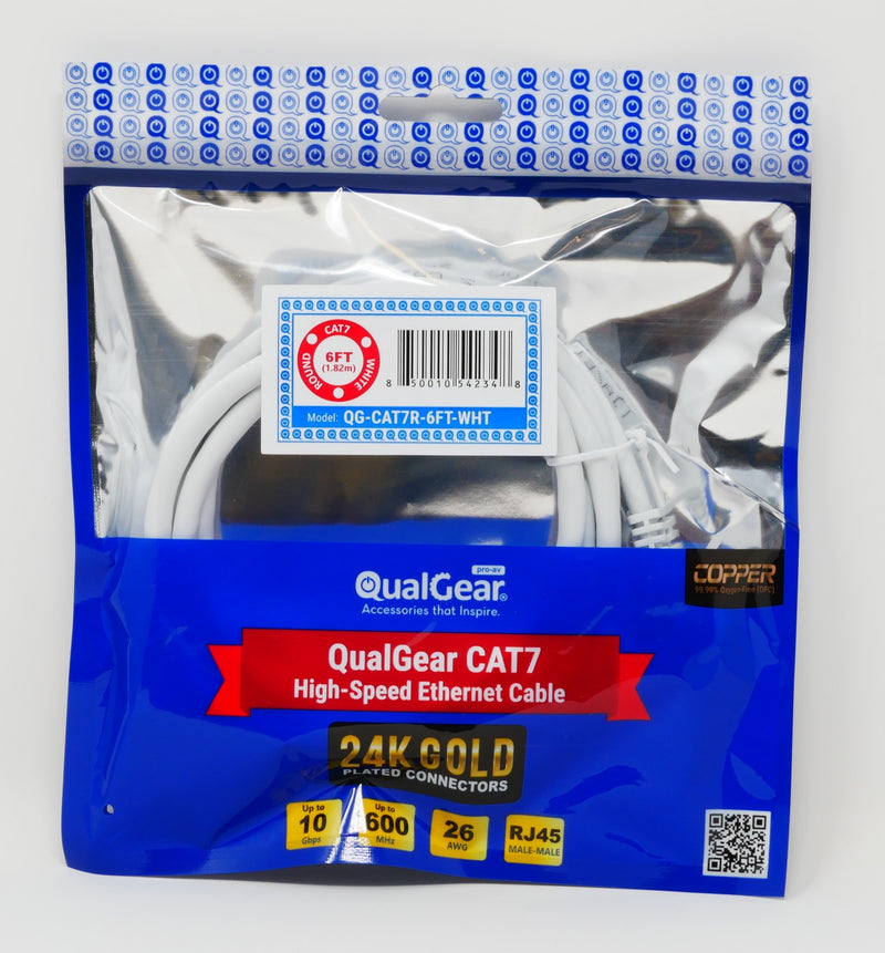 QualGear QG-CAT7R-6FT-WHT CAT 7 S/FTP Ethernet Cable Length 6 feet - 26 AWG, 10 Gbps, Gold Plated Contacts, RJ45, 99.99% OFC Copper, Color White