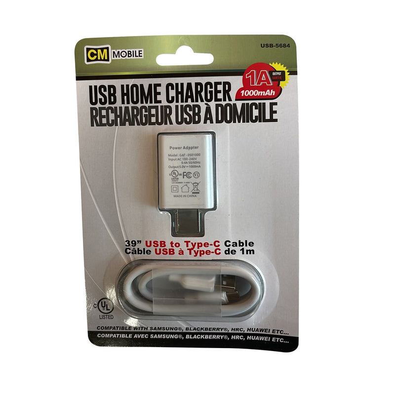 NAAV USB Micro Home Charger with 39" USB to Type-C Cable