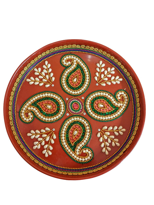 Beautiful Handmade Festival Multipurpose Pooja Plate 11" Decorative Pooja Thali with Kundan Work