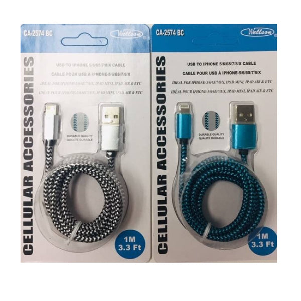 Wellson 3ft USB To iphone 5/6/7/8/X Stripe Mesh Braid Cable