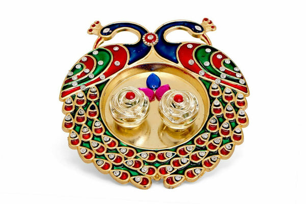 7" Minakari Peacock Design Plate Haldi Kumkum Tilak Thali Ganesha Puja Favor