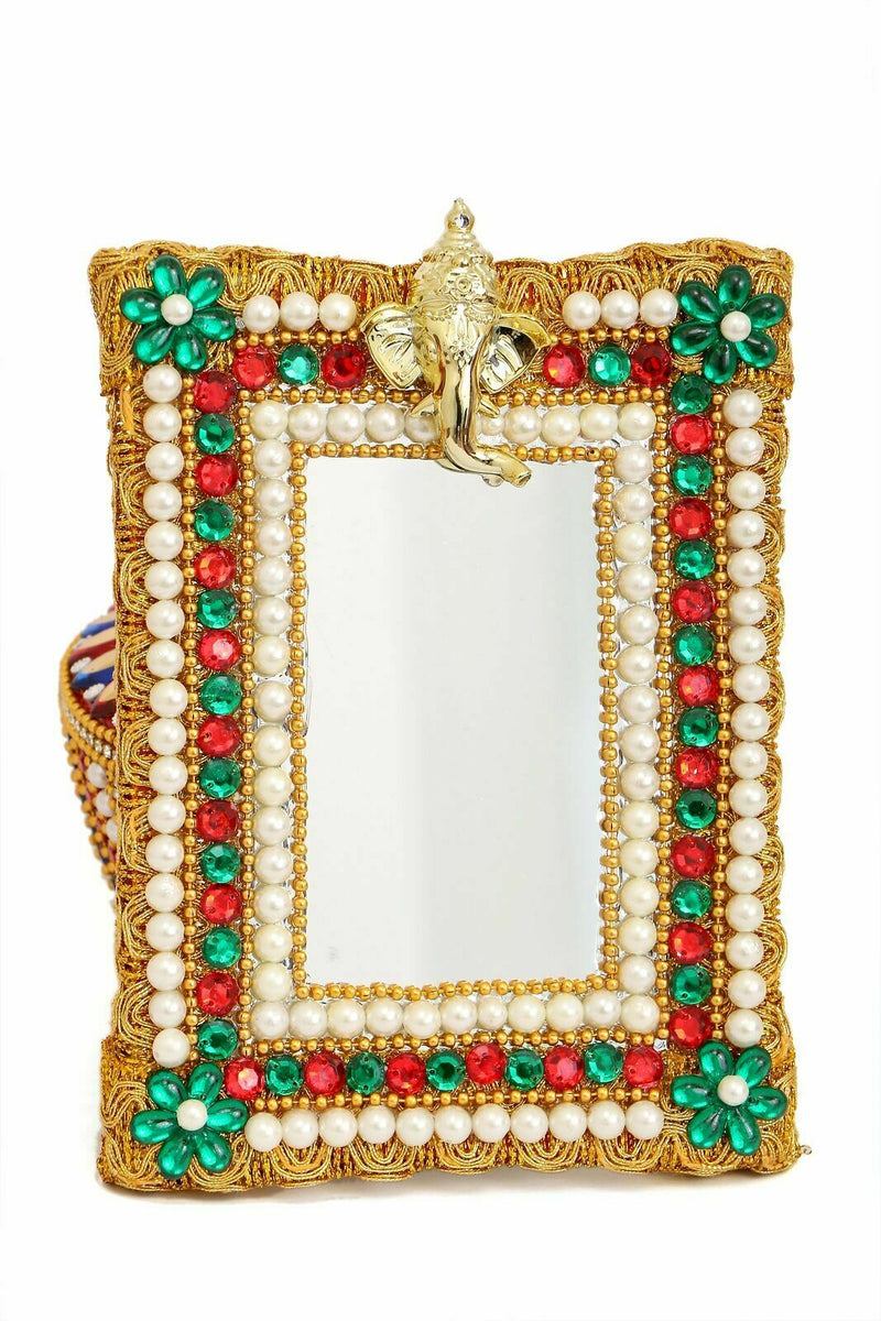 Handcrafted Wedding Portable Mirror Embellished With Elegant Kundan Work