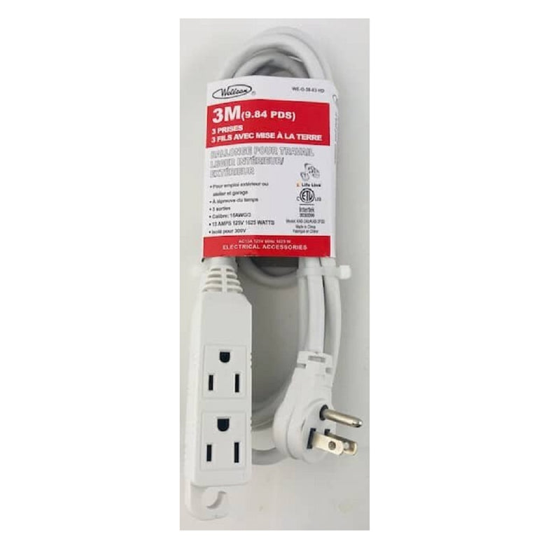 Wellson 3m Right Angle Electrical Ext Cord W/3 Outlets