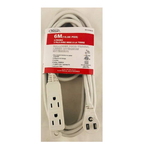 Wellson 6m Right Angle Electrical Ext Cord W/3 Outlets