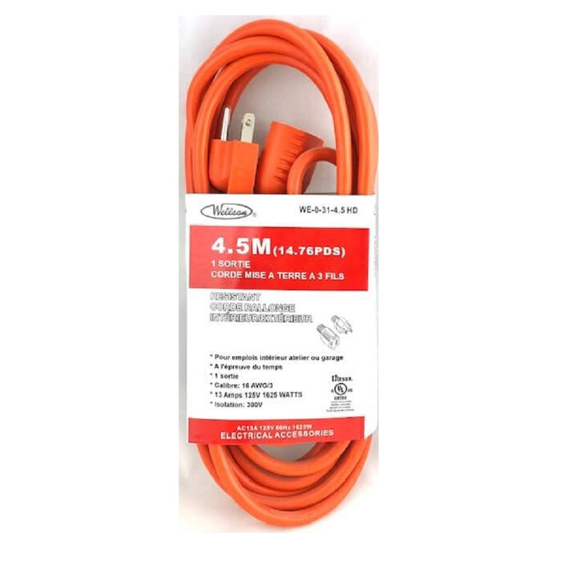 Wellson 4.5m Electrical Extension Cord In 3 Pronge With 1 Outlet For Indoor/Outdoor (Cul)