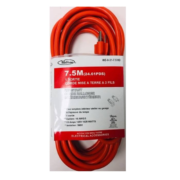 Wellson 7.5m Electrical Extension Cord In 3 Pronge With 1 Outlet for Indoor/Outdoor (Cul)